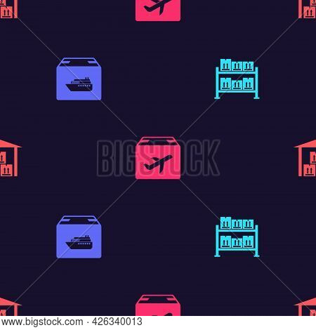 Set Warehouse, Cargo Ship With Boxes, Plane And Cardboard And On Seamless Pattern. Vector