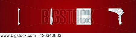 Set Cotton Swab For Ears, Nail File, Makeup Powder With Mirror And Hair Dryer Icon. Vector