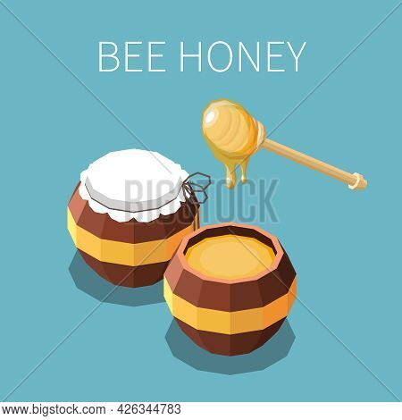 Bee Honey Isometric Background With Two Wooden Barrels Of Honey And Dipper Stick Vector Illustration