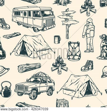 Summer Recreation Vintage Seamless Pattern With Boy Traveler Dog Motorhome Travel Car Bonfire Boot C