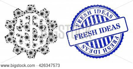 Bacilla Mosaic Brain Gear Icon, And Grunge Fresh Ideas Stamp. Brain Gear Collage For Breakout Images