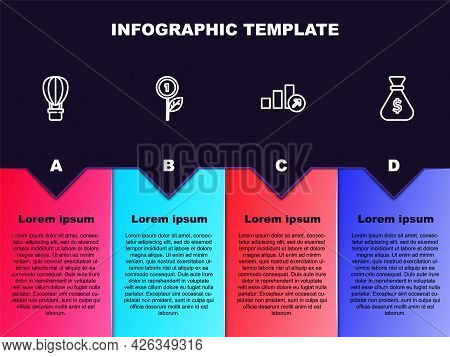 Set Line Hot Air Balloon, Dollar Plant, Financial Growth And Money Bag. Business Infographic Templat