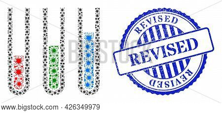 Cell Collage Analysis Test Tubes Icon, And Grunge Revised Stamp. Analysis Test Tubes Mosaic For Epid
