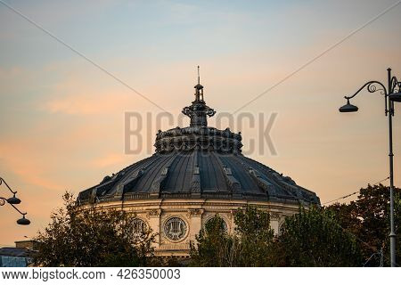 Detail View Over The Romanian Athenaeum Or Ateneul Roman, In The Center Of Bucharest Capital Of Roma