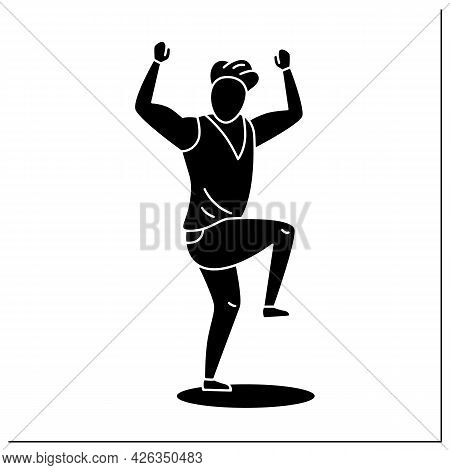 Person Pose Glyph Icon. Man Raised Fist And One Left Leg Up. Dancing. Satisfied. Looking Directly.pe
