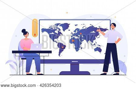 Female Character Watching Weather Forecast Online On Laptop. Sun, Clouds, Wind, Rain On World Map. M