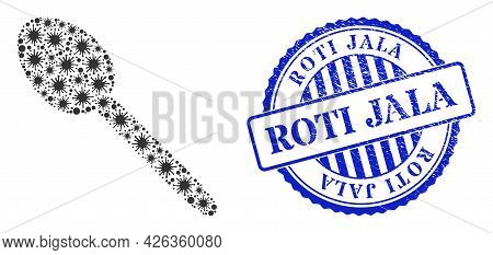 Coronavirus Mosaic Spoon Icon, And Grunge Roti Jala Seal Stamp. Spoon Mosaic For Epidemic Templates,