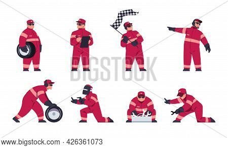 Racing Engineers. Race Car Team. Pit Stop Workers In Uniform. Driver And Maintenance Mechanics Chang