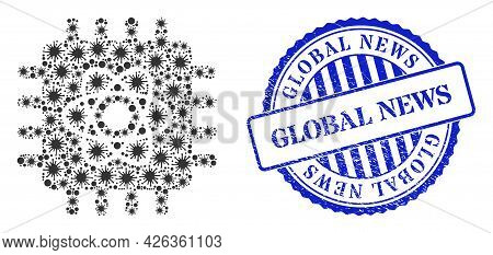 Contagious Collage Quantum Computing Icon, And Grunge Global News Seal Stamp. Quantum Computing Coll
