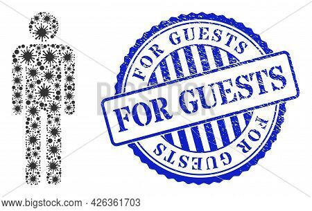 Covid-2019 Collage Man Figure Icon, And Grunge For Guests Badge. Man Figure Mosaic For Epidemic Imag