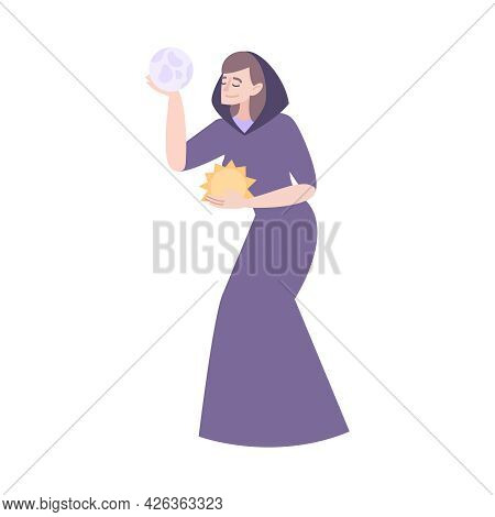 Flat Character Of Female Seer Holding Sun And Earth Vector Illustration
