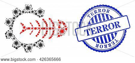 Bacilla Collage Toxic Industry Icon, And Grunge Terror Seal Stamp. Toxic Industry Collage For Isolat