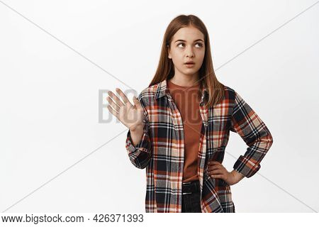 Stop, Thats Anough, Dont Want Hear. Reluctant Girl Waves Hand And Rolls Eyes From Annoyance, Being U