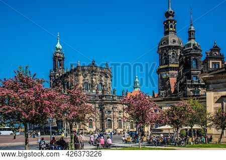17 May 2019 Dresden, Germany - Dresden Castle (Dresdner Residenzschloss) in blooming trees