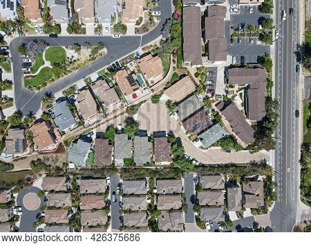 Aerial Top View Of Suburb Area With Residential Villa In San Diego, Encinitas, South California, Usa