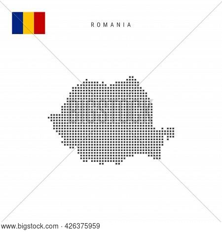 Square Dots Pattern Map Of Romania. Romanian Dotted Pixel Map With National Flag Isolated On White B