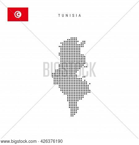 Square Dots Pattern Map Of Tunisia. Tunisian Dotted Pixel Map With National Flag Isolated On White B