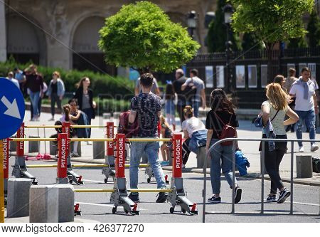 Bucharest, Romania - June 08, 2021: Pitagone F11 Anti-terror Mobile Vehicle Barrier On Calea Victori