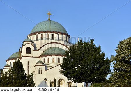 The Temple Of Saint Sava (sveti Sava) - Serbian Orthodox Church With Clear Blue Sky In The Backgroun