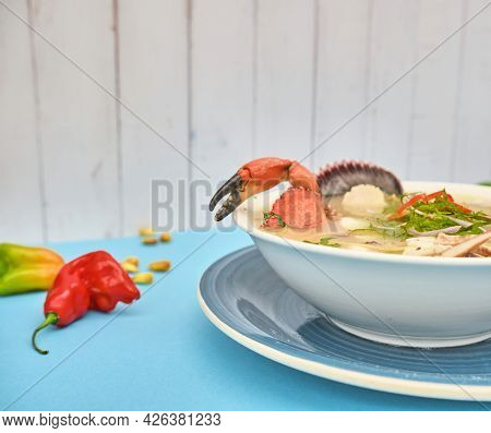 Delicious Fish Soup Seafood Called Chilcano Peruvian Food, Decorated With Crabs