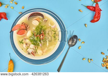 Delicious Fish Soup Seafood Called Chilcano Peruvian Food, Decorated With Crabs