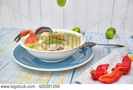 Delicious Fish Soup Seafood Called Chilcano Peruvian Food, Decorated With Crabs