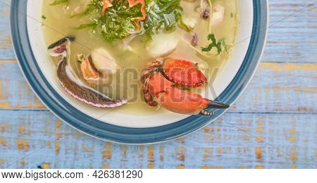 Delicious Fish Soup Seafood Called Chilcano Peruvian Food, Decorated With Crabs
