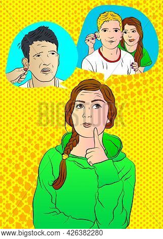 Woman Pulling On Her Boyfriend's Ears. Fun Or Punishment Concept. Caucasian Funny Man With Face Expr