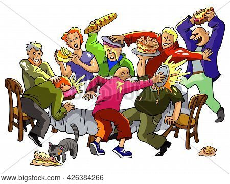 Pie Fight, Cake Battle, People Fights Among Confectionery, Vector Illustration