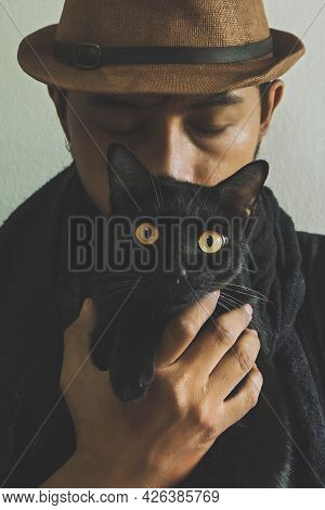 Cat's Eyes Look Instead Of Human Eyes.love The Relationship Between Two Different Lives.still The Sa