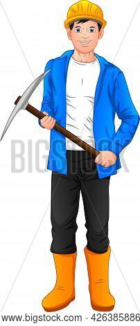 Construction Worker Holding Mattock On White Background