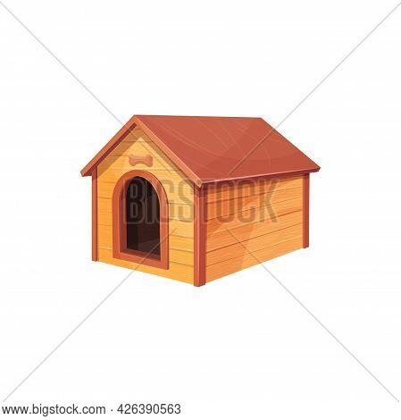 Doghouse Isolated Wooden Dog House Realistic Icon. Vector Wooden Home Of Dog With Roof And Bone Abov