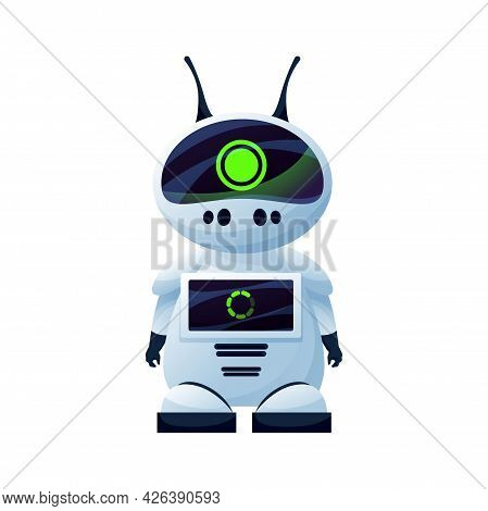 Digital Cartoon Robot With Antennas On Head Isolated Realistic Kids Toy. Vector Plastic Hi-tech Char
