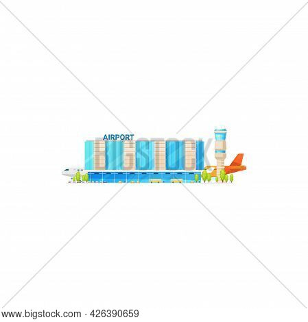 Control Tower And Airport Building Isolated Glass Construction Icon. Vector Facade Exterior Of Airli