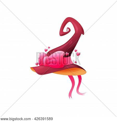 Cartoon Witch Hat Vector Icon, Pink Magician Headwear With Cute Bow, Hearts And Ribbons. Love Fairy,