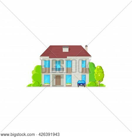 Cottage House In Cartoon Style With Balcony, Entrance Door And Windows. Vector Real Estate Property 