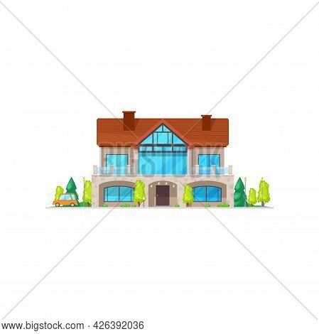 Cottage House With Chimney Pipes On Roof Isolated Home In Cartoon Style. Vector Facade Architecture 