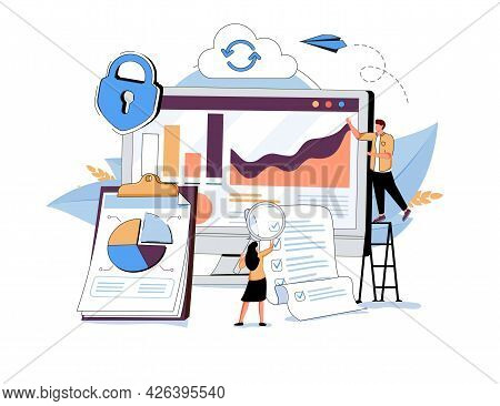 People In Team Analyze Dioramas And Graphics, Data Visualization Concept, Vector Illustration. Cloud