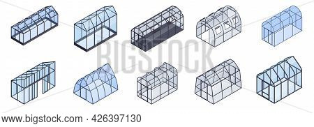 Isometric Greenhouse Color Icon Set Square And Oval Rounds Sizes With Straight And Sloping Roofs Vec
