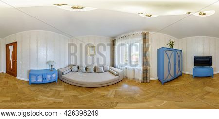 Minsk, Belarus - July, 2021: Full Seamless Hdri Panorama 360 View In Guest Room With Tv And Sofa  In