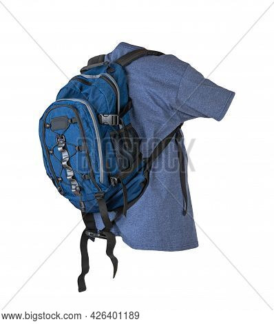 Dark Blue Backpack Dressed For Navy T-shirt Isolated On A White Background.