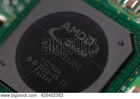 Timisoara, Romania - February 02, 2020: Close-up Of A Amd Geode Lx 500 Mhz Processor. Electronic Com