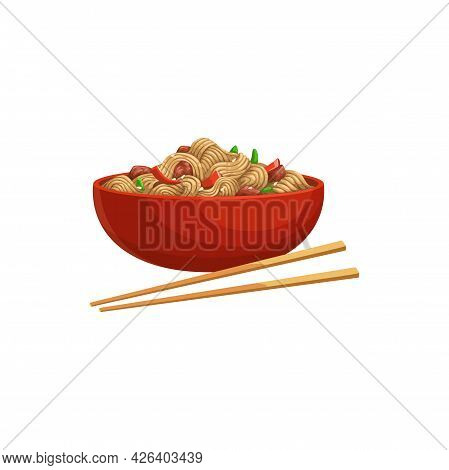 Soy Noodles Product, Soybean Meat And Vegetables In Bowl With Chopsticks Isolated Realistic Icon. Ve