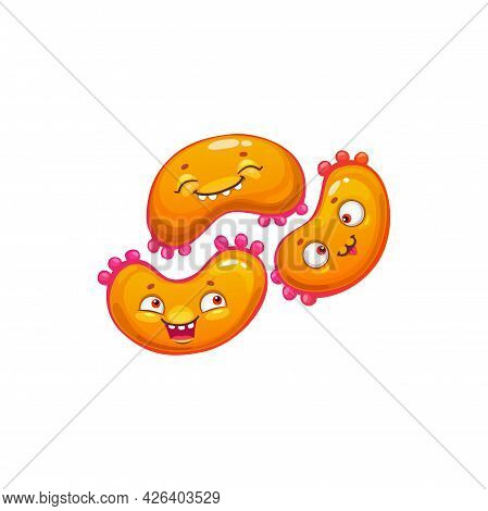 Cartoon Virus Cell Vector Icon, Cute Triple Bacteria With Happy Faces, Funny Germ Character. Smiling