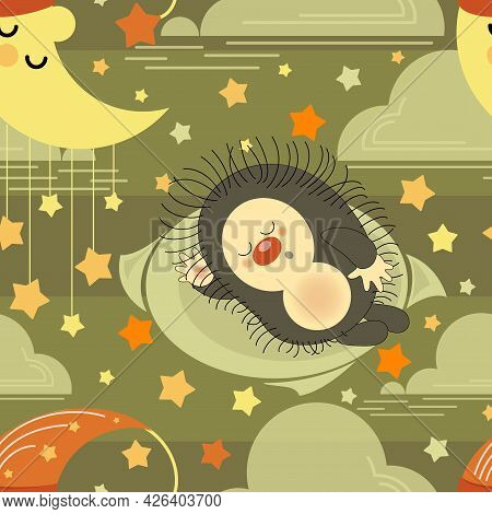 Sleeping Hedgehog, Month. Night Background. Sweet Dreams. Vector Animals Patterns Baby Nursery Art. 