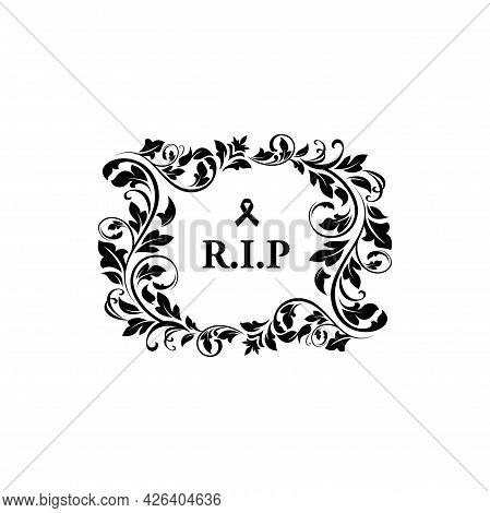 Funeral Card, Vintage Condolence Floral Vector Wreath With Plant Leaves Flourishes, Obituary Black R