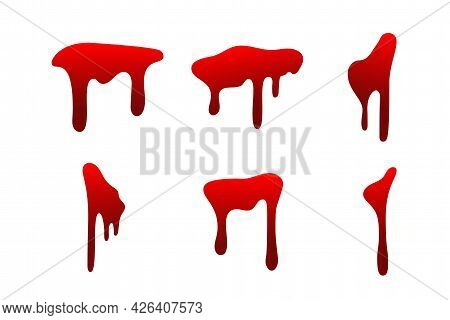 Blood Drip Cartoon Set. Halloween Bloodstain Isolated White Background. Splatter Stain. Horror Drop 