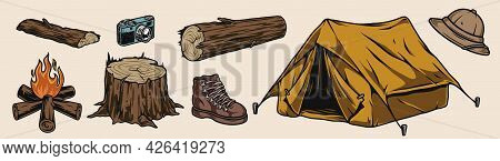 Camping Colorful Vintage Elements Concept With Tourist Tent Campfire Wooden Stump Logs Retro Camera 