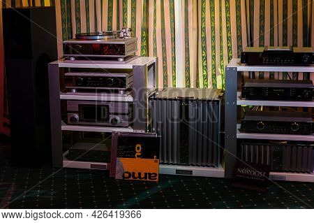 Moscow, Russia - May 23, 2021: Audio Systems
Burmester - Turntable, Floorstanding Speakers, Preamp, 