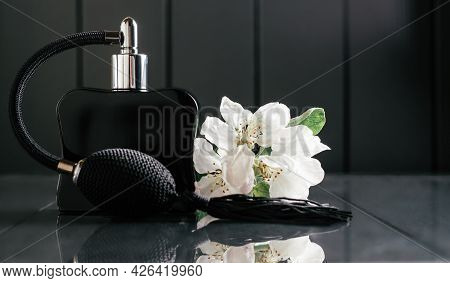 Black Bottle Of Eau De Toilette Or Perfume With Long Tassel Spray Pomp Stands On Dark Background On 